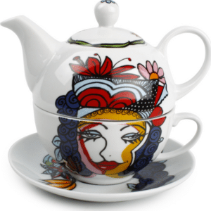 Tekande Bonbistro Josien Broeren - Tea for One porcelæn, hvid med blomstermotiv, integreret kop & underkop, opvaskemaskine/mikro, gaveæske